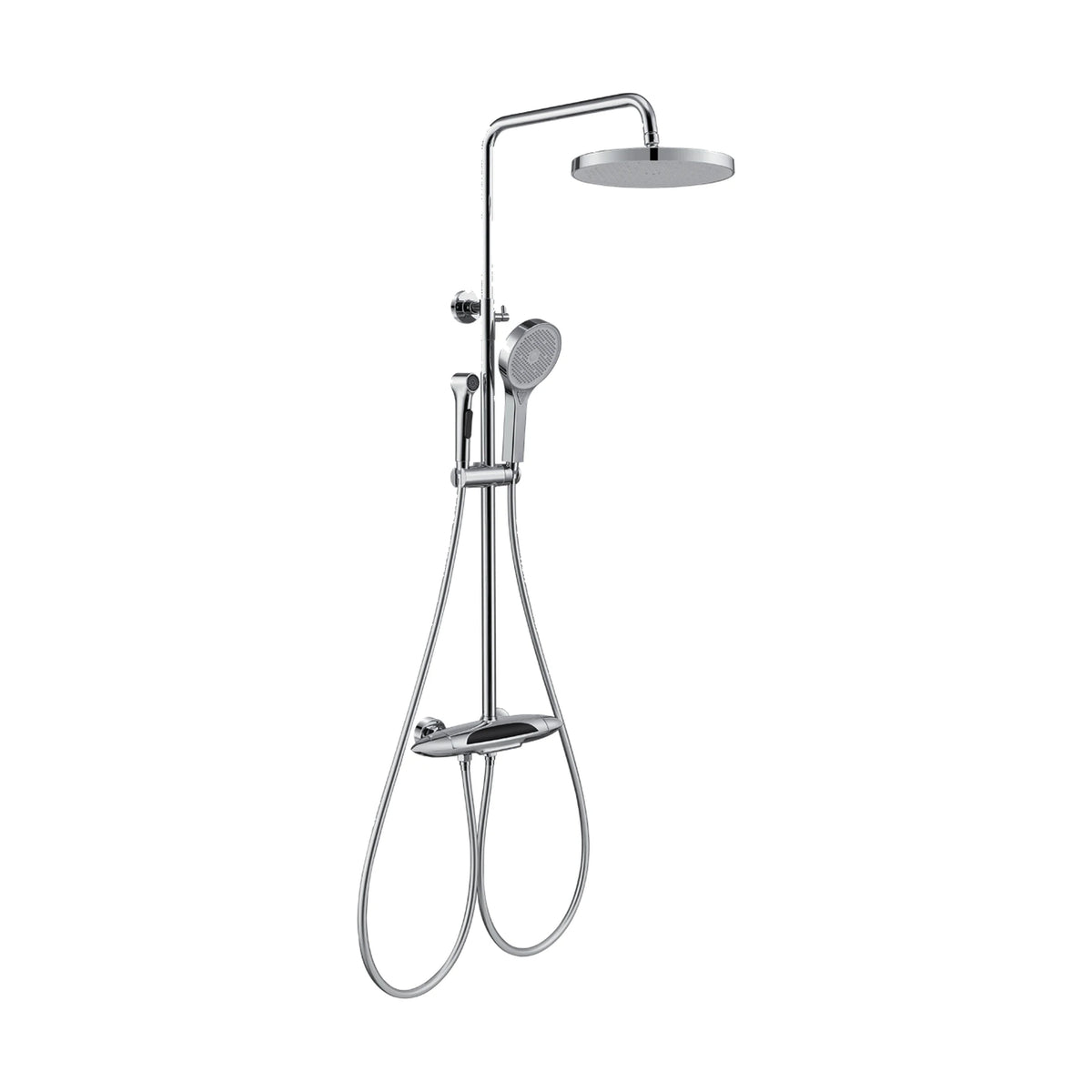 Chrome shower column with round rain head, handheld, small spray gun and torpedo-shaped display mixer — SANIKB DL-08 177-CP
