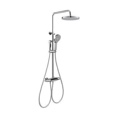 Chrome shower column with round rain head, handheld, small spray gun and torpedo-shaped display mixer — SANIKB DL-08 177-CP