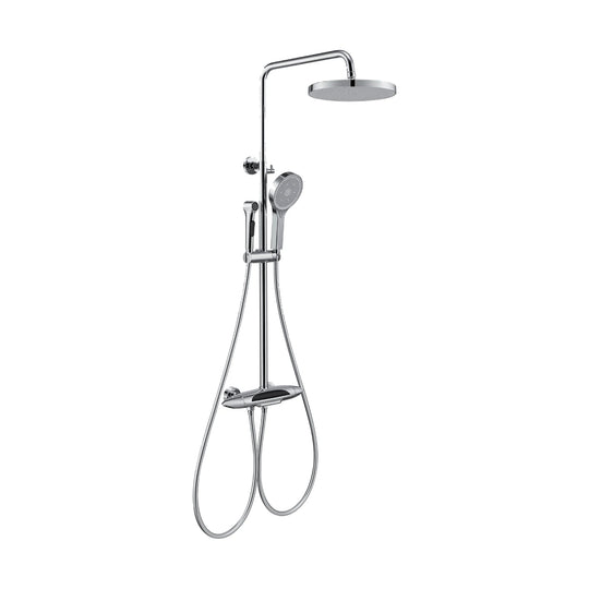 Chrome shower column with round rain head, handheld, small spray gun and torpedo-shaped display mixer — SANIKB DL-08 177-CP