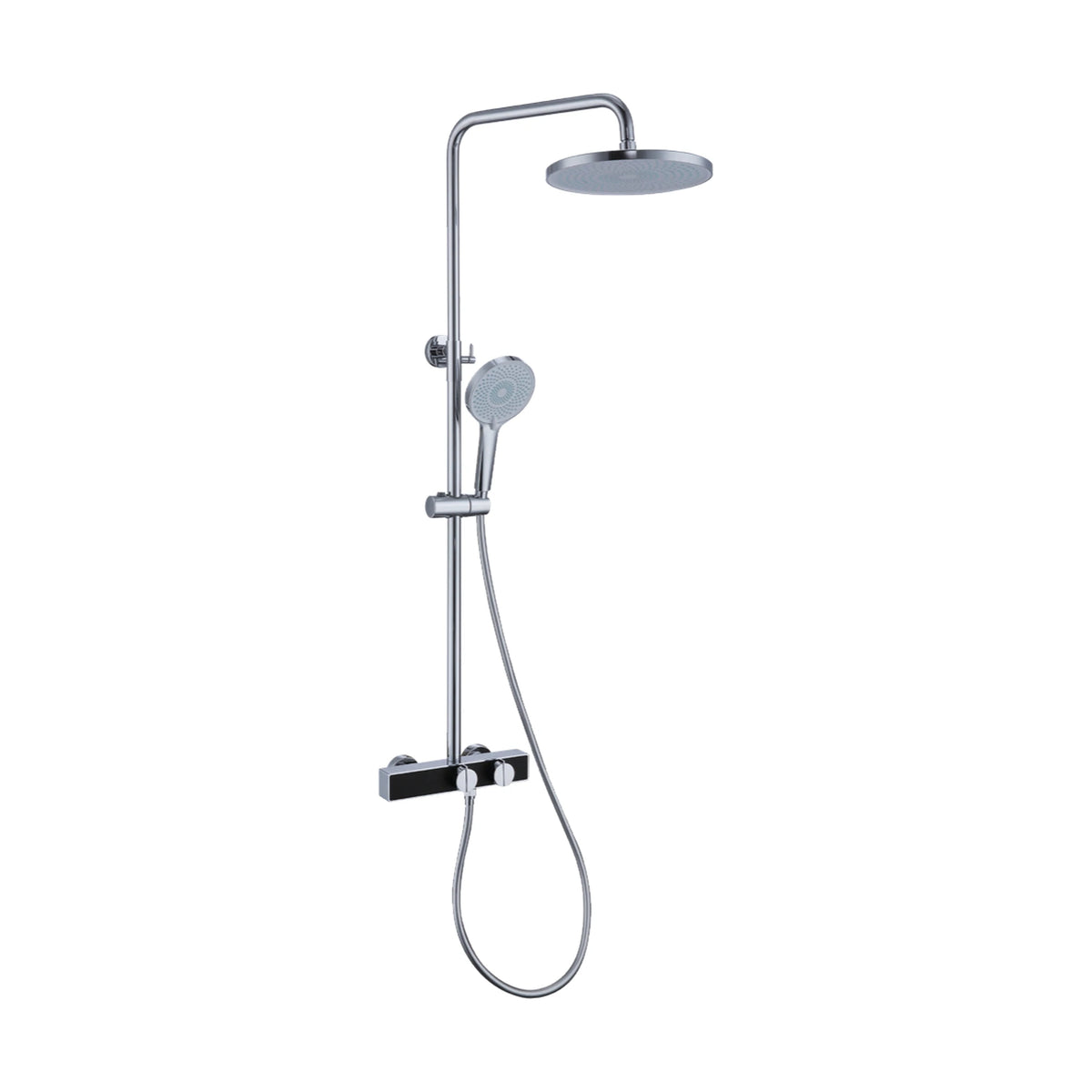 Chrome — Matte black shower column with round rain head, handheld and rectangular bar mixer with two blade-top knobs — SANIKB DL-08 151-CP