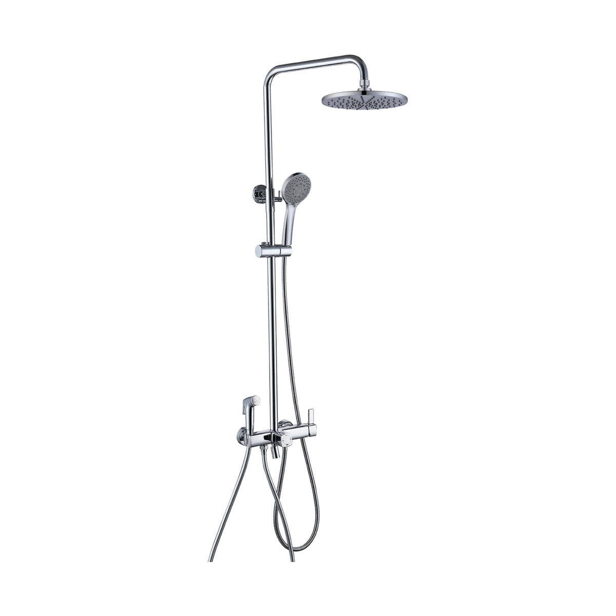 Matte black shower column with round rain head, handheld, round-dial bar mixer, upright lever and spray gun — SANIKB DL-08 020-CP