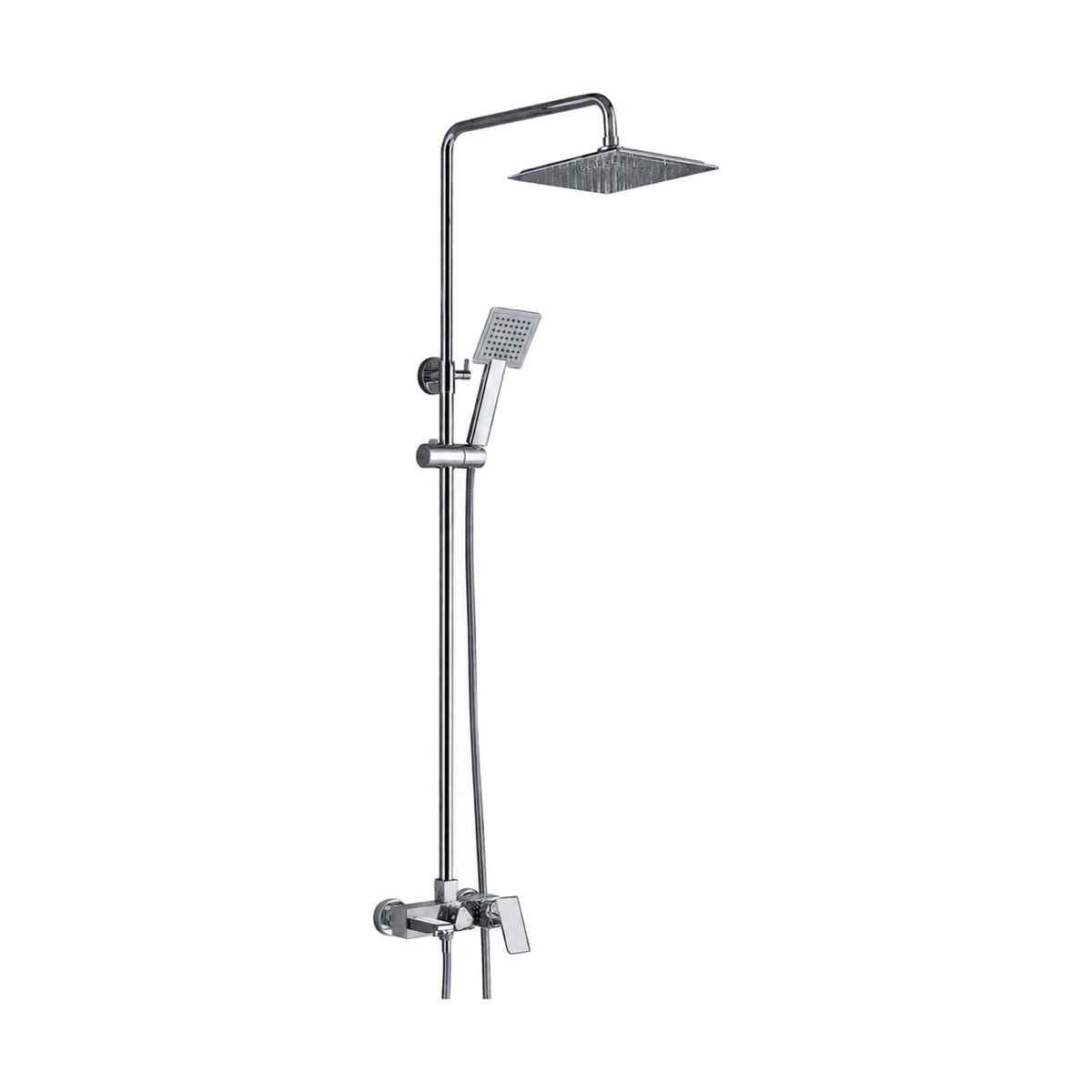 Chrome round-pipe shower column with square rain head, square handheld on slide bar and angular lever mixer — SANIKB DL-08 024-CP