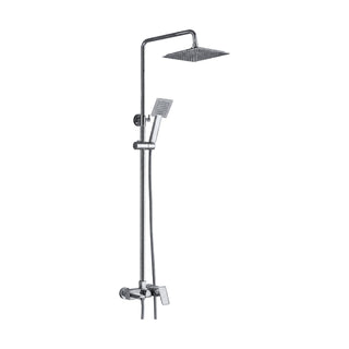 Chrome round-pipe shower column with square rain head, square handheld on slide bar and angular lever mixer — SANIKB DL-08 024-CP