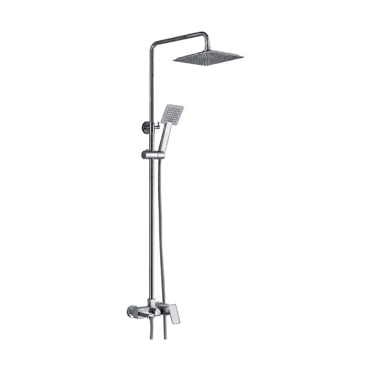 Chrome round-pipe shower column with square rain head, square handheld on slide bar and angular lever mixer — SANIKB DL-08 024-CP