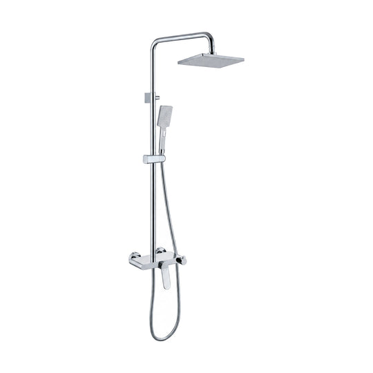 Chrome shower column with square rain head, square handheld and flat-top angular-lever mixer with tub spout — SANIKB DL-08 045-CP