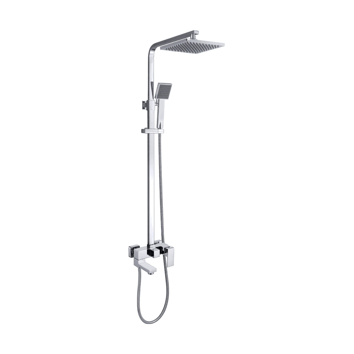 Matte black square shower column with square rain head, square handheld and cube mixer with tub spout — SANIKB DL-08 140-CP