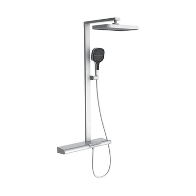 Chrome flat rectangular shower column with rectangular rain head, handheld on holder and long shelf mixer — SANIKB DL-08 180-CP