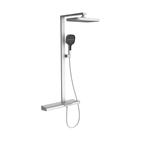 Chrome flat rectangular shower column with rectangular rain head, handheld on holder and long shelf mixer — SANIKB DL-08 180-CP