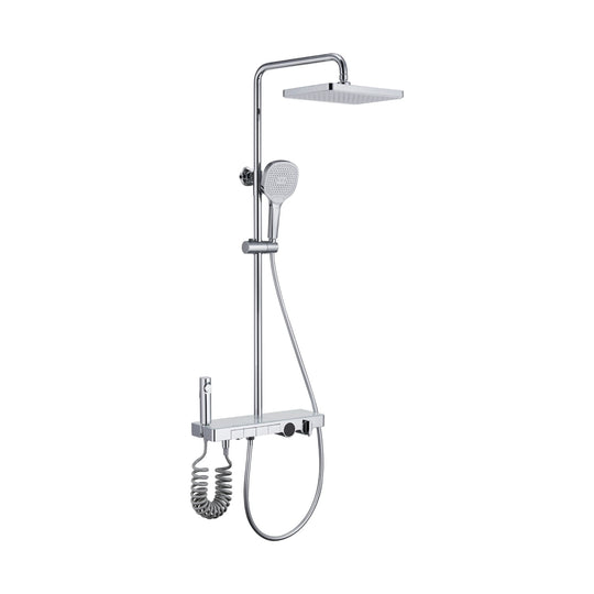 Chrome shower column with square rain head, slide-bar handheld, push-button shelf mixer, coiled spray gun — SANIKB DL-08 183-CP
