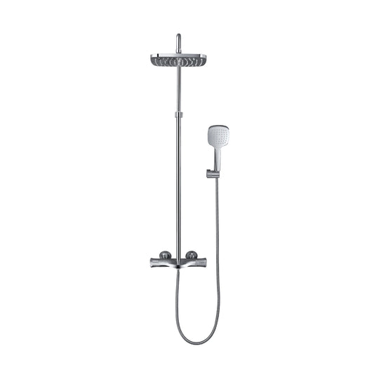 Chrome shower column with top-mounted rounded rain head, square handheld and bar mixer with two end knobs — SANIKB DL-08 504-CP