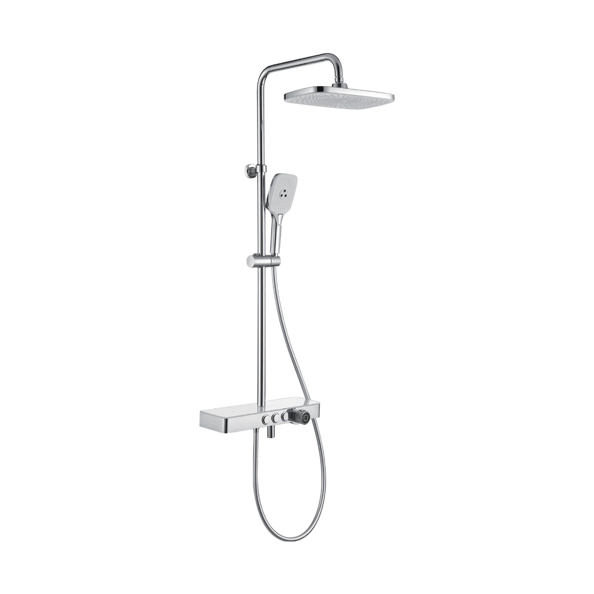Chrome shower column with rounded rain head, square handheld and white-top shelf valve with three buttons — SANIKB DL-08 182-CP