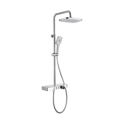 Chrome shower column with rounded rain head, square handheld and white-top shelf valve with collared knob — SANIKB DL-08 551-CP