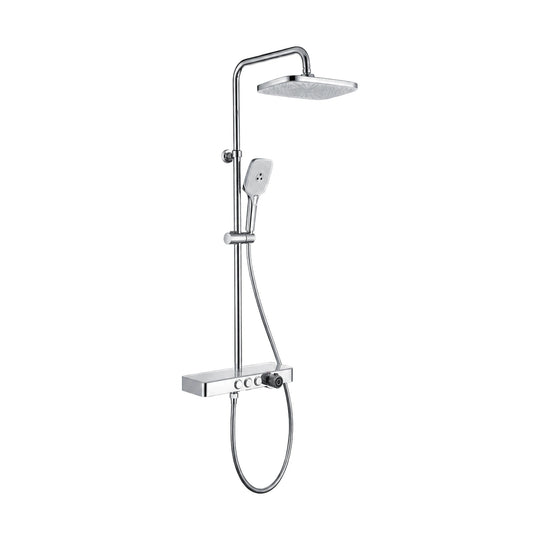 Chrome shower column with rounded rain head, square handheld and white-top shelf valve with collared knob — SANIKB DL-08 551-CP