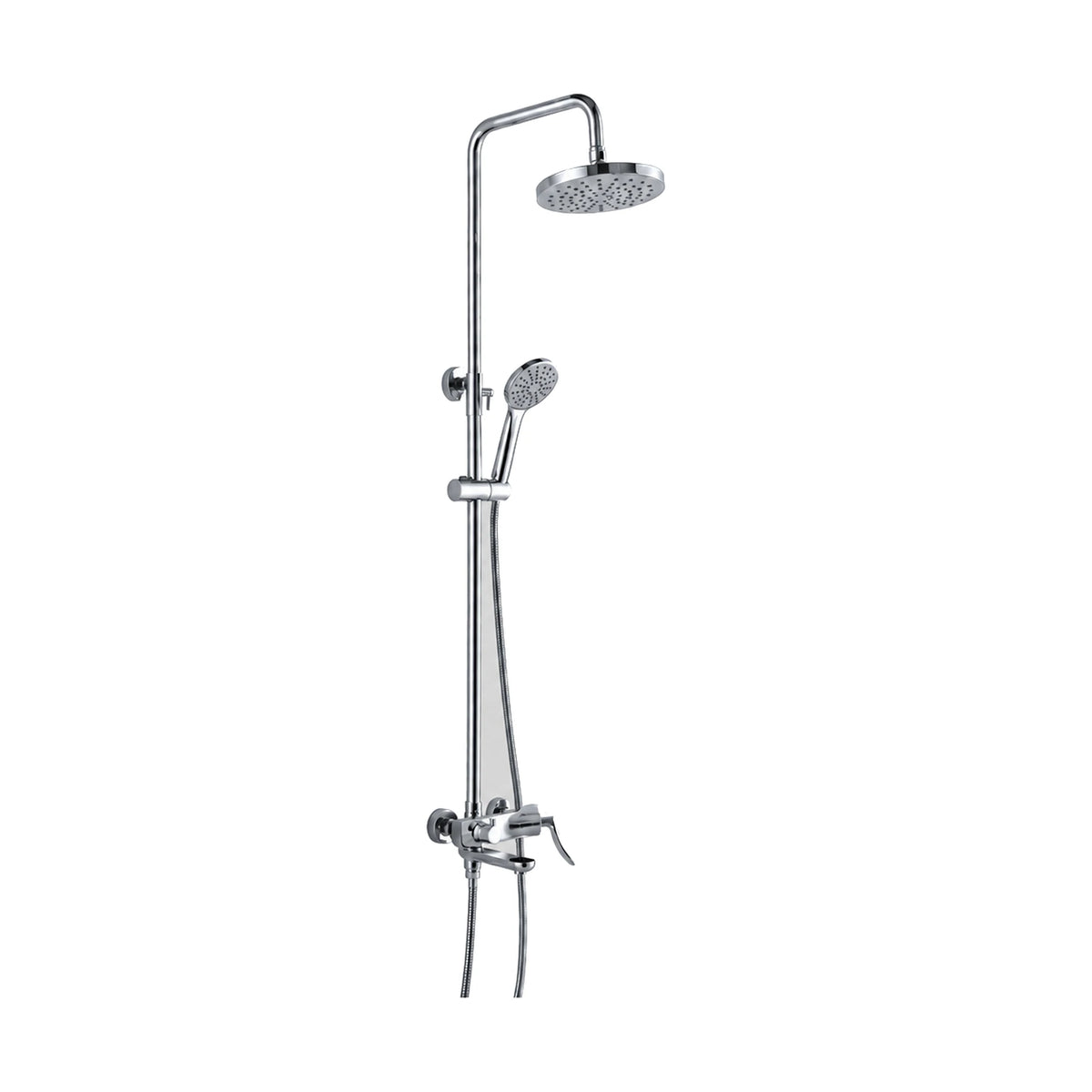 Chrome round shower column with round rain head, round handheld and round-body wall mixer with tub spout — SANIKB DL-08 040-CP