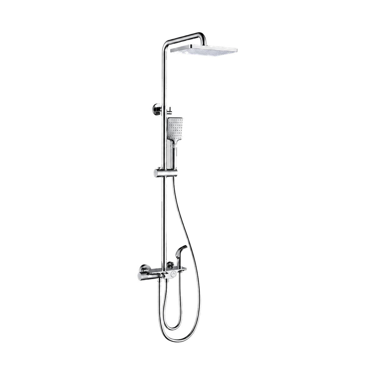 Matte black exposed shower system with shelf-top valve, knurled knob, docked spray gun and square rain head — SANIKB DL-08 508-CP