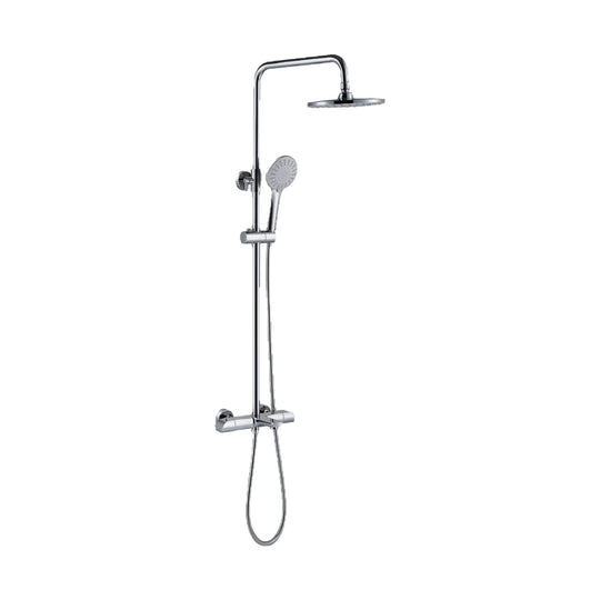 Chrome exposed shower system with bar valve, thin round rain head and round handheld on slide holder — SANIKB DL-08 126-CP