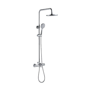 Chrome exposed shower system with bar valve, tub spout, round rain head and round handheld — SANIKB DL-08 129-CP