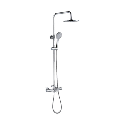 Chrome exposed shower system with bar valve, tub spout, round rain head and round handheld — SANIKB DL-08 129-CP