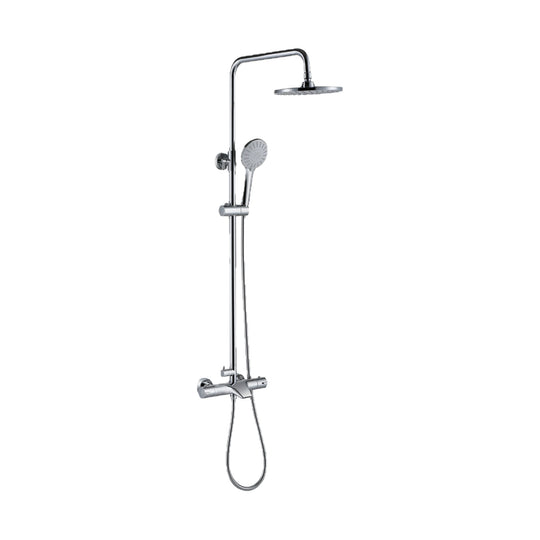 Chrome exposed shower system with bar valve, tub spout, round rain head and round handheld — SANIKB DL-08 129-CP