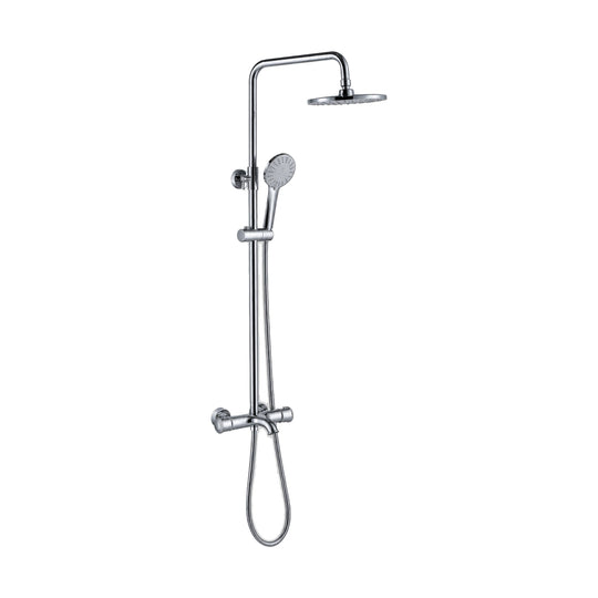Chrome exposed shower system with short tub spout under bar valve, round rain head and handheld — SANIKB DL-08 130-CP