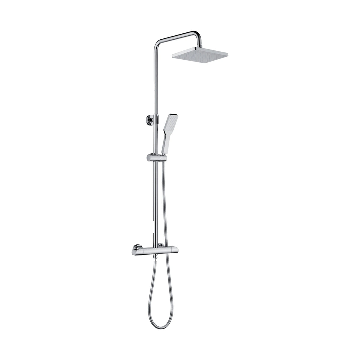 Chrome exposed shower system with square rain head on curved arm and flat angular handheld — SANIKB DL-08 131-CP