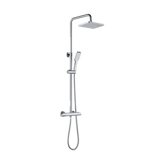 Chrome exposed shower system with square rain head on curved arm and flat angular handheld — SANIKB DL-08 131-CP