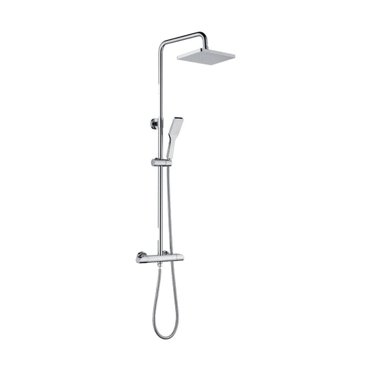 Chrome exposed shower system with square rain head on curved arm and flat angular handheld — SANIKB DL-08 131-CP