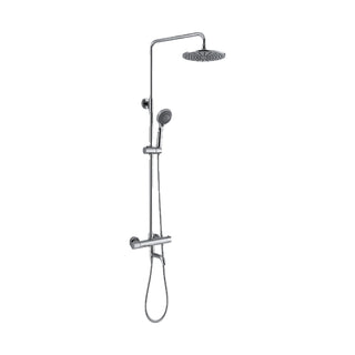 Chrome exposed shower system with drop-end arm, round rain head, round handheld and tub spout — SANIKB DL-08 501-CP