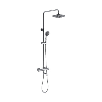 Chrome exposed shower system with drop-end arm, round rain head, round handheld and tub spout — SANIKB DL-08 501-CP