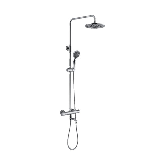 Chrome exposed shower system with drop-end arm, round rain head, round handheld and tub spout — SANIKB DL-08 501-CP