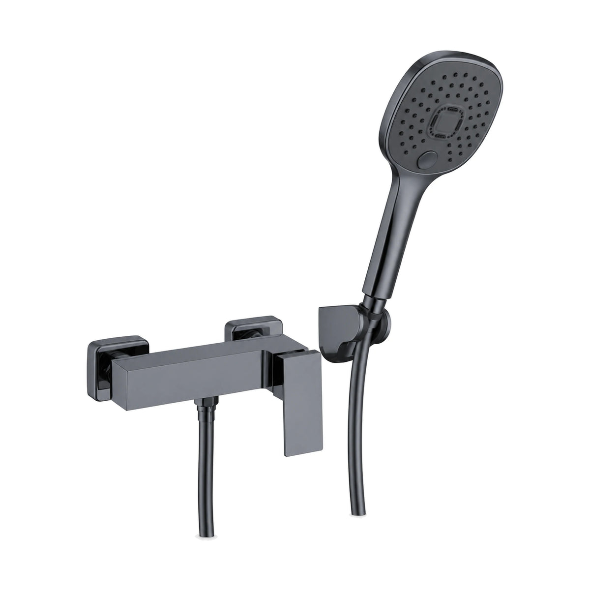 Gun Metal Grey — Square exposed wall shower mixer with flat blade lever and rounded-square handheld on wall holder — SANIKB DL-08 235-QH