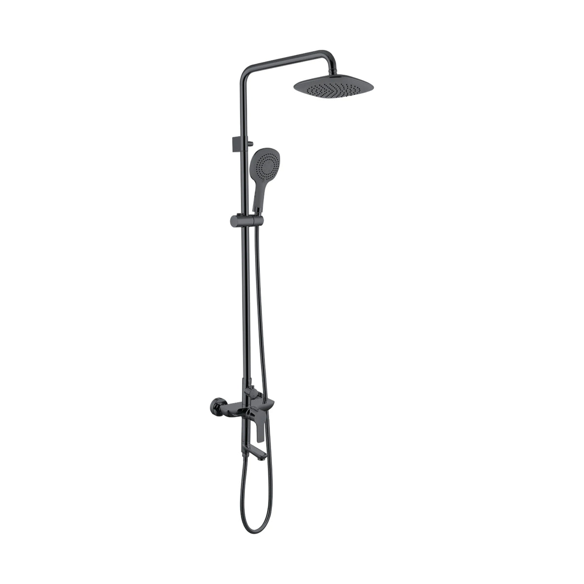 Gun Metal Grey — Exposed shower column with rounded-square rain head, round handheld and lever mixer with short tub spout — SANIKB DL-08 018-QH