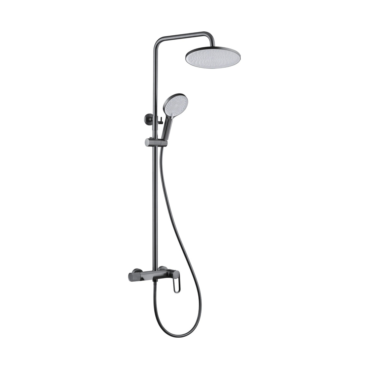 Gun Metal Grey — Exposed shower system with round rain head on 90-degree arm, round handheld and open loop lever bar mixer — SANIKB DL-08 174-QH