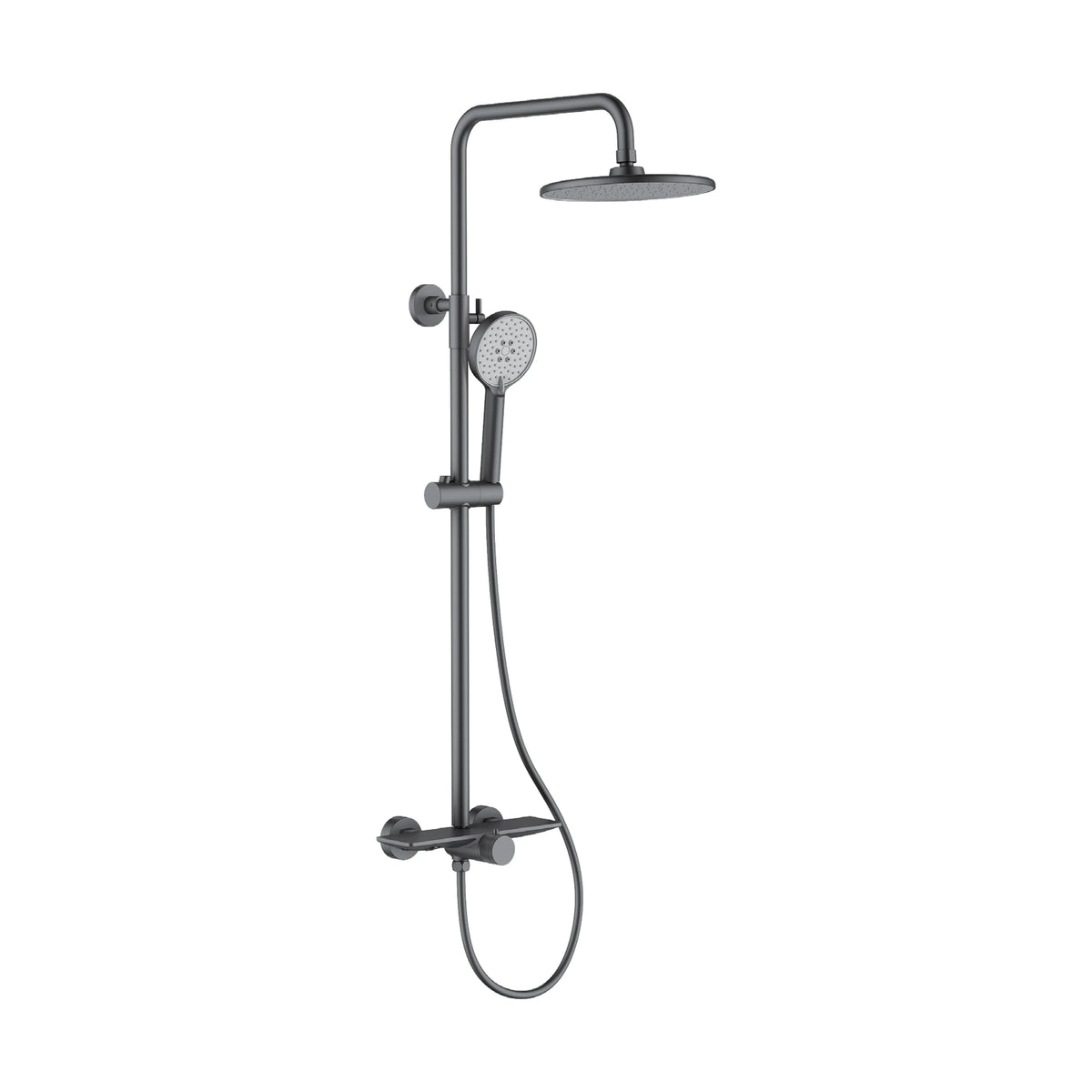 Gun Metal Grey — Matte black exposed shower column with round rain head, slide handheld, shelf-top mixer with knurled knob — SANIKB DL-08 175-QH