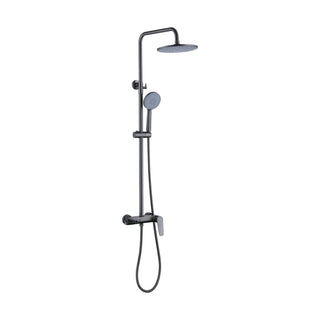 Gun metal grey exposed shower system with round rain head, round slide-bar handheld and blade-lever mixer — SANIKB DL-08 046-QH