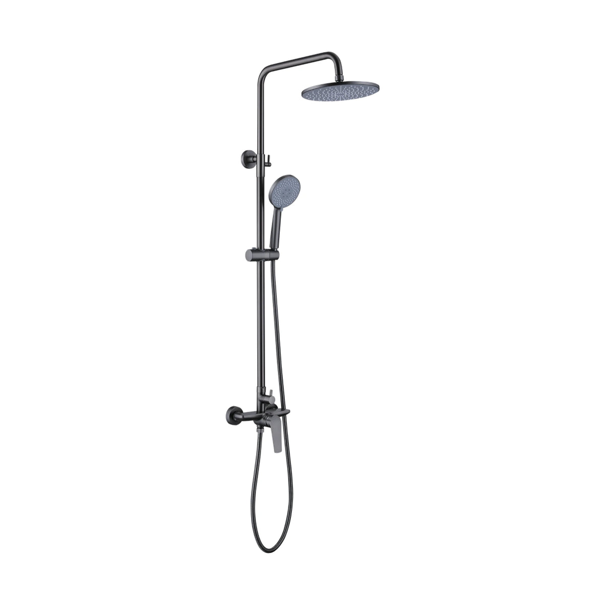 Gun Metal Grey — Matte black exposed shower system with round rain head, round handheld and riser entering blade-lever mixer — SANIKB DL-08 047-QH