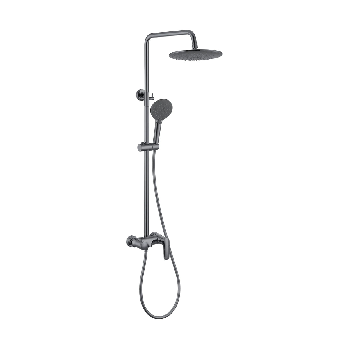 Gun Metal Grey — Matte black exposed shower system with round rain head, round slide handheld and drooping-lever mixer — SANIKB DL-08 648-QH