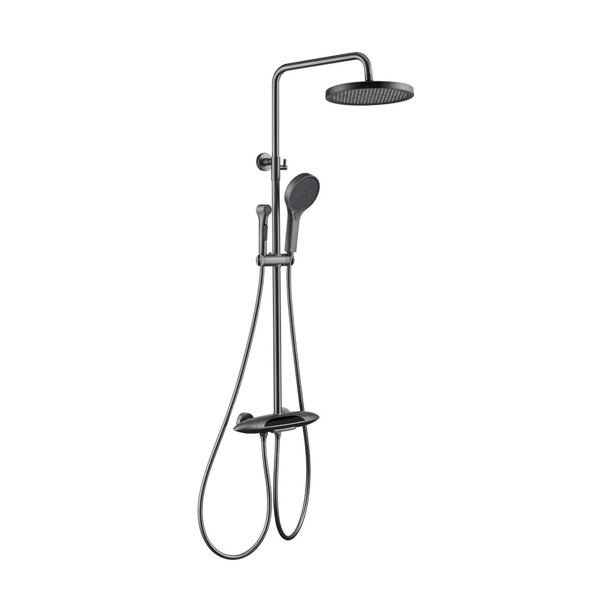 Gun Metal Grey shower column with round rain head, handheld, small spray gun and torpedo-shaped display mixer — SANIKB DL-08 177-QH
