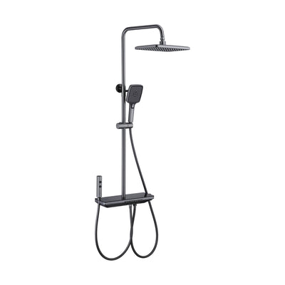 Gun metal grey shower column with square rain head, square handheld and long shelf mixer with push buttons — SANIKB DL-08 179-QH