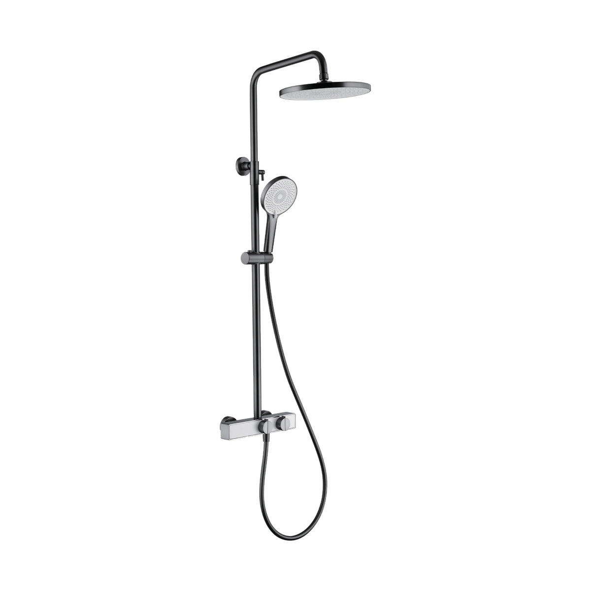 Gun Metal Grey — Matte black shower column with round rain head, handheld and rectangular bar mixer with two blade-top knobs — SANIKB DL-08 151-QH