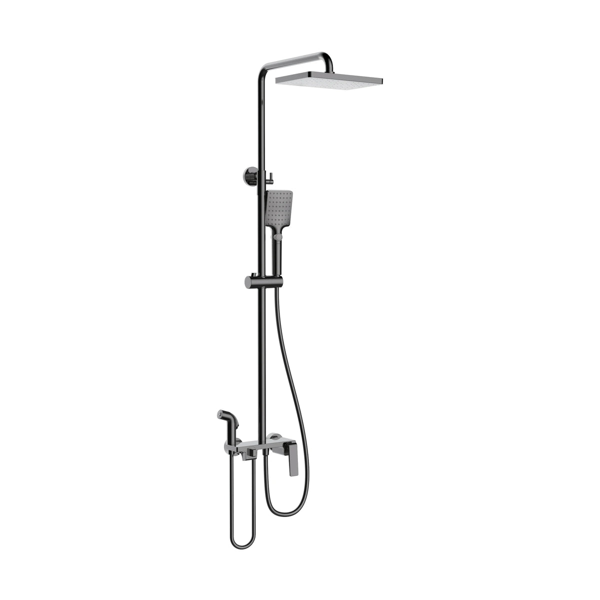 Gun Metal Grey — Matte black shower column with square rain head, square handheld, angular flat-blade mixer and spray gun — SANIKB DL-08 507-QH