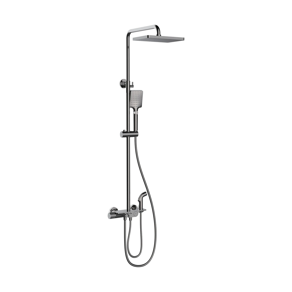 Gun Metal Grey — Matte black exposed shower system with shelf-top valve, knurled knob, docked spray gun and square rain head — SANIKB DL-08 508-QH