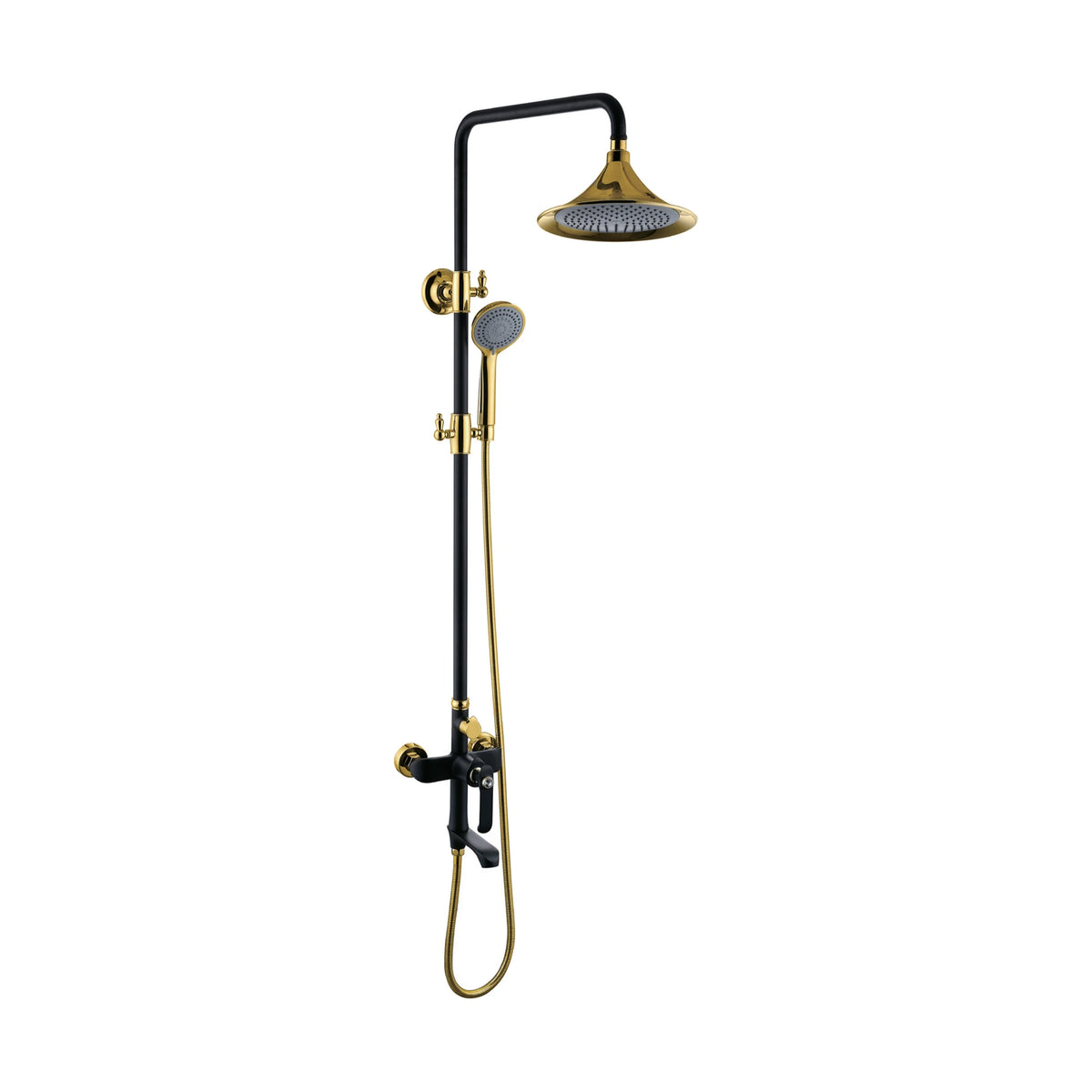 Matte black shower column with gold accents, flared gold bell rain head, gold handheld and tub spout — SANIKB DL-08 026-BG