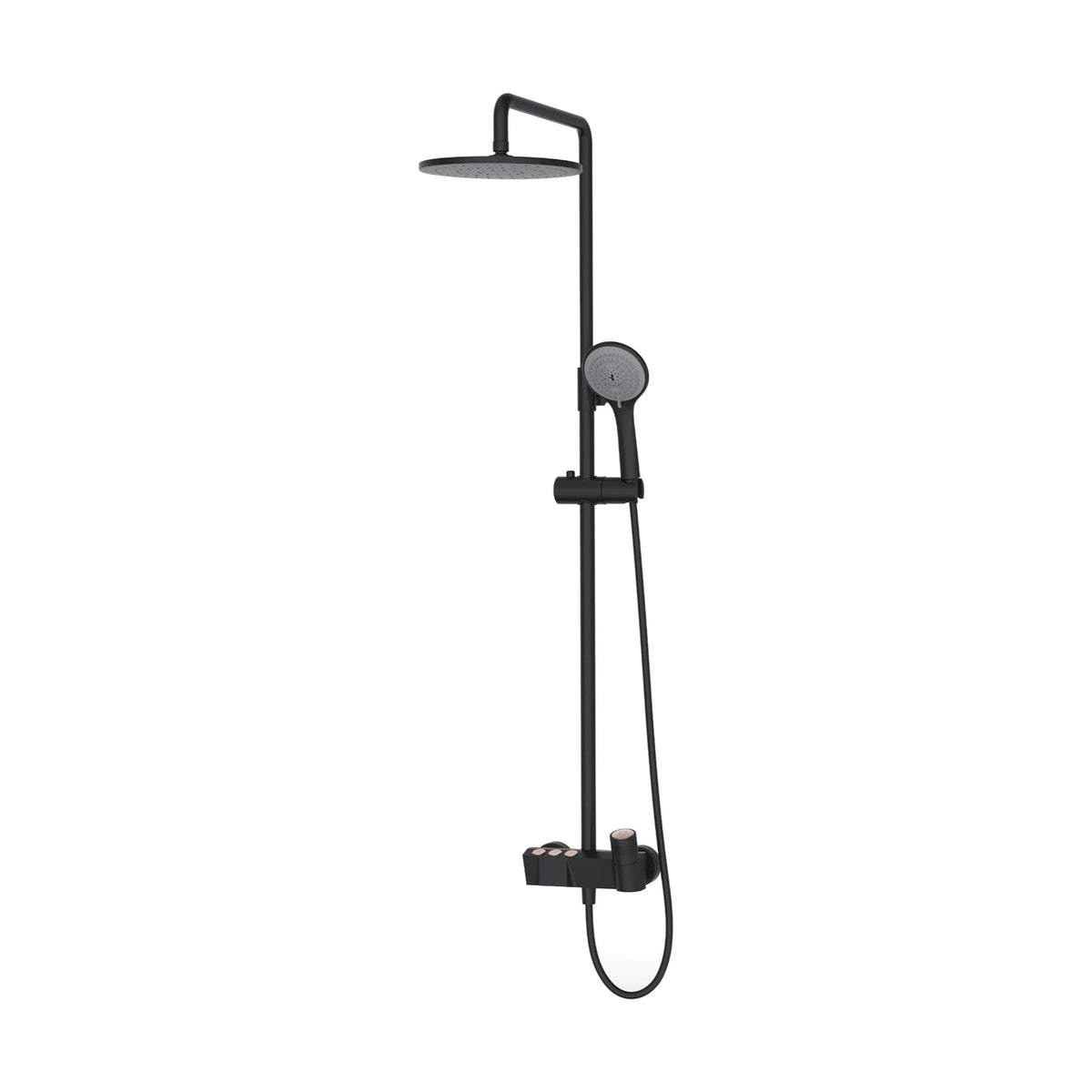 Matte Black & Rose Gold — Exposed shower column with round rain head, handheld and bar mixer with push buttons and knurled handle — SANIKB DL-08 123-BM