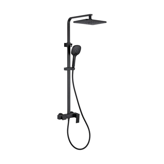 Matte Black — Square exposed shower system with rounded-square rain head, square handheld and square bar mixer with spout — SANIKB DL-08 992-BK