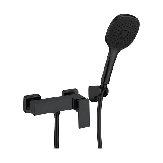 Matte Black — Square exposed wall shower mixer with flat blade lever and rounded-square handheld on wall holder — SANIKB DL-08 235-BK