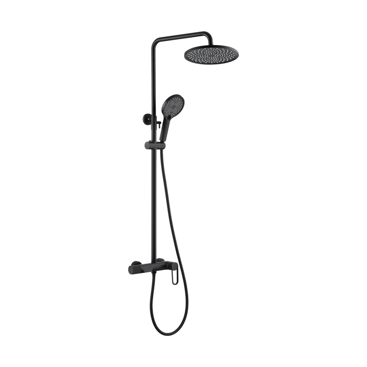 Matte Black — Exposed shower system with round rain head on 90-degree arm, round handheld and open loop lever bar mixer — SANIKB DL-08 174-BK