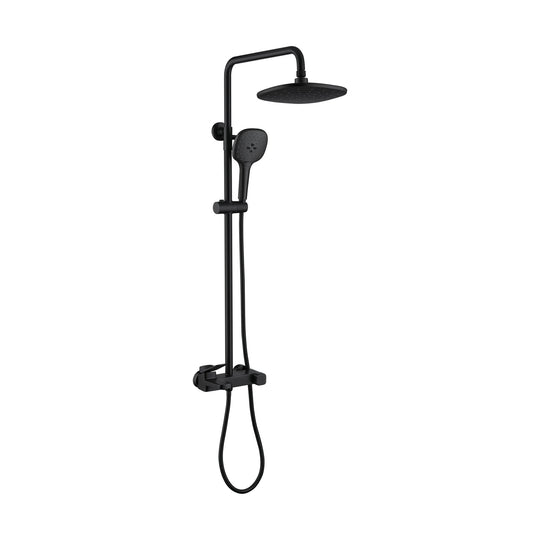 Matte Black — Exposed shower system with flat rounded rain head, rounded-square handheld and paddle lever mixer — SANIKB DL-08 043-BK