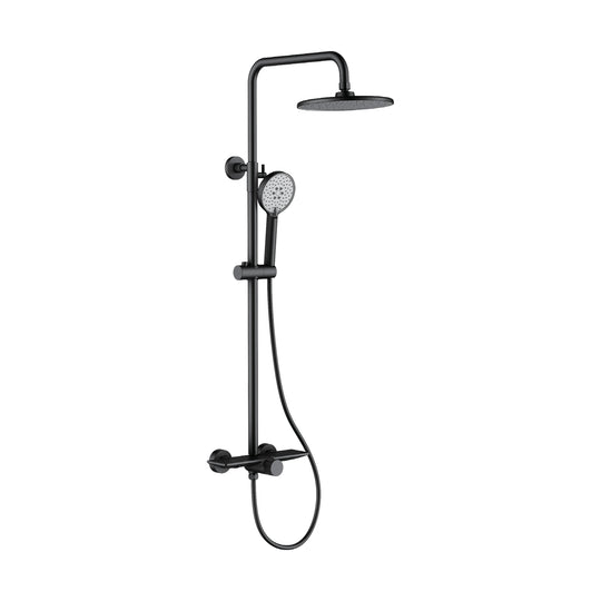 Matte Black — Matte black exposed shower column with round rain head, slide handheld, shelf-top mixer with knurled knob — SANIKB DL-08 175-BK