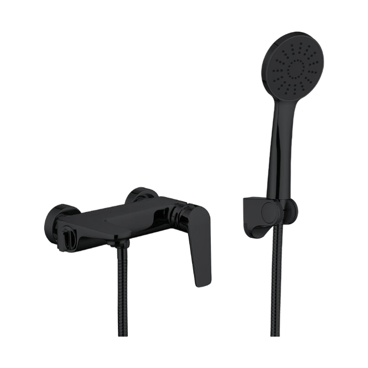 Matte Black flat-top exposed shower mixer with blade lever, hose and round handheld on separate wall bracket — SANIKB DL-08 212-BK